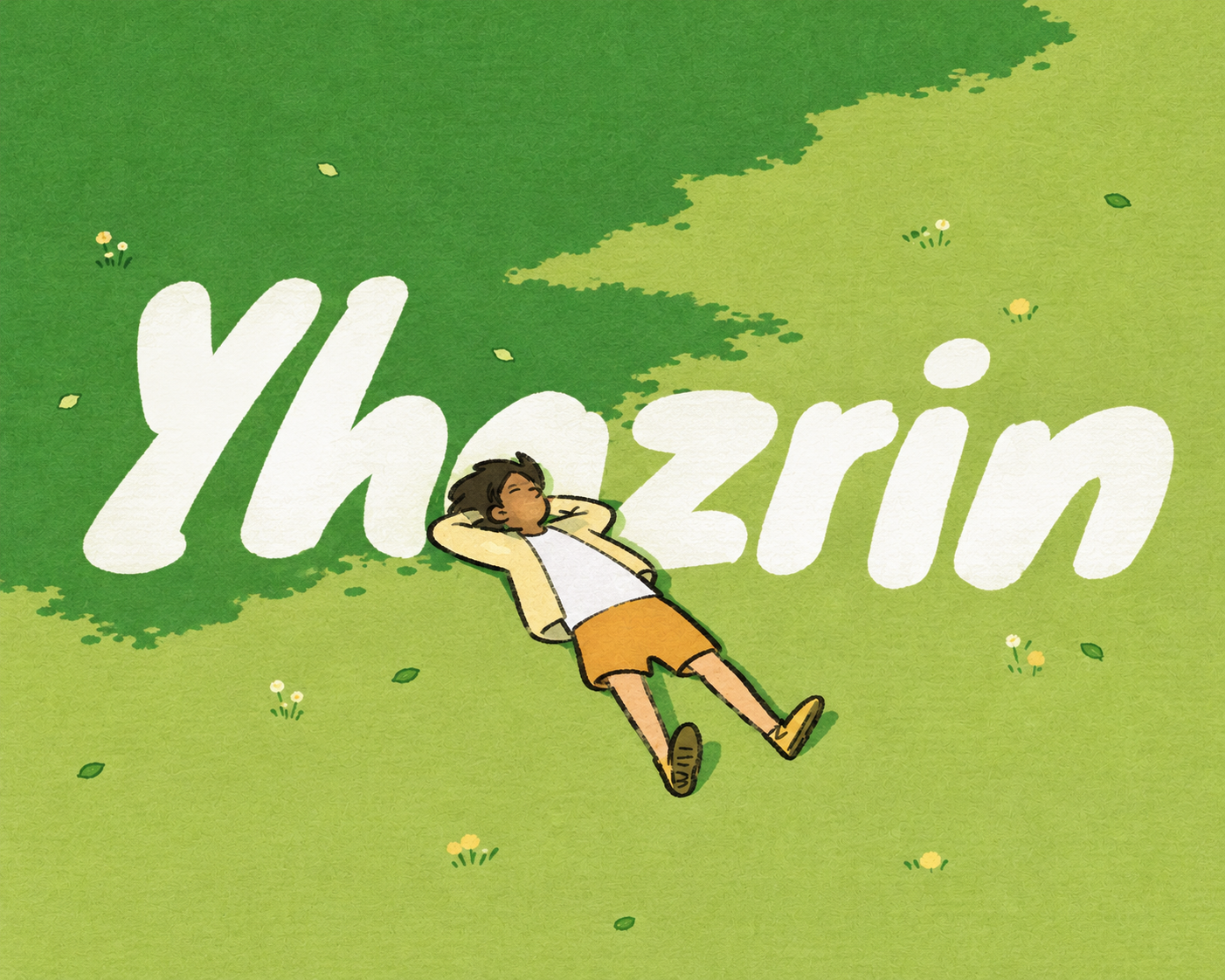 Yhazrin 躺在草地上的白色姓名字母上